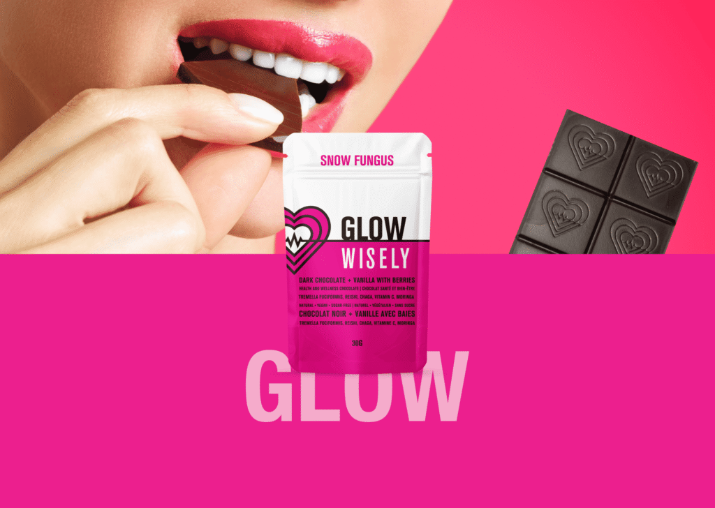Inside-out beauty: the holistic approach to skin health with GLOW vanilla with berries dark chocolate 10 wisely functional mushroom adaptogenic chocolate glow snowfungus 003