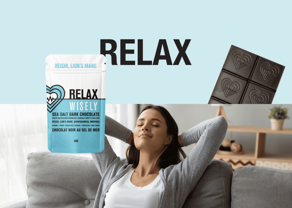 Unwind without knocking out: find your calm focus with RELAX sea salt dark chocolate 8 wisely functional mushroom adaptogenic chocolate relax reishi lionsmane 001