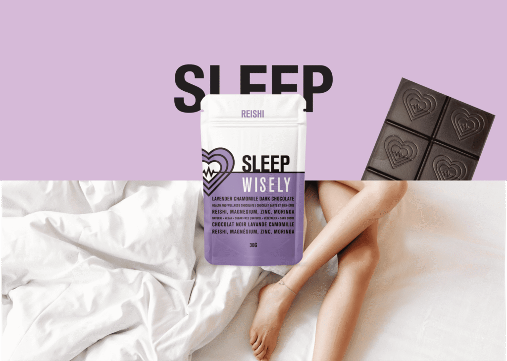 Dormez paisiblement : transformez votre rituel nocturne avec le chocolat noir lavande et camomille SLEEP 4 wisely functional mushroom adaptogenic chocolate sleep reishi 001